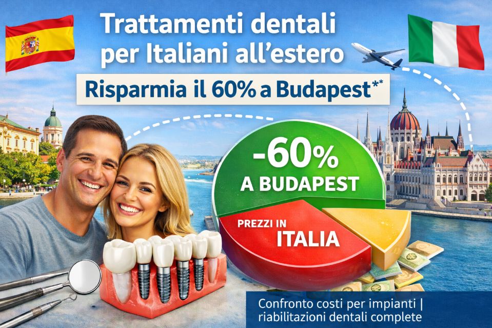 Turismo dentale per italiani a Budapest con risparmio fino al 60% su impianti dentali e riabilitazione completa rispetto ai prezzi in Italia.
