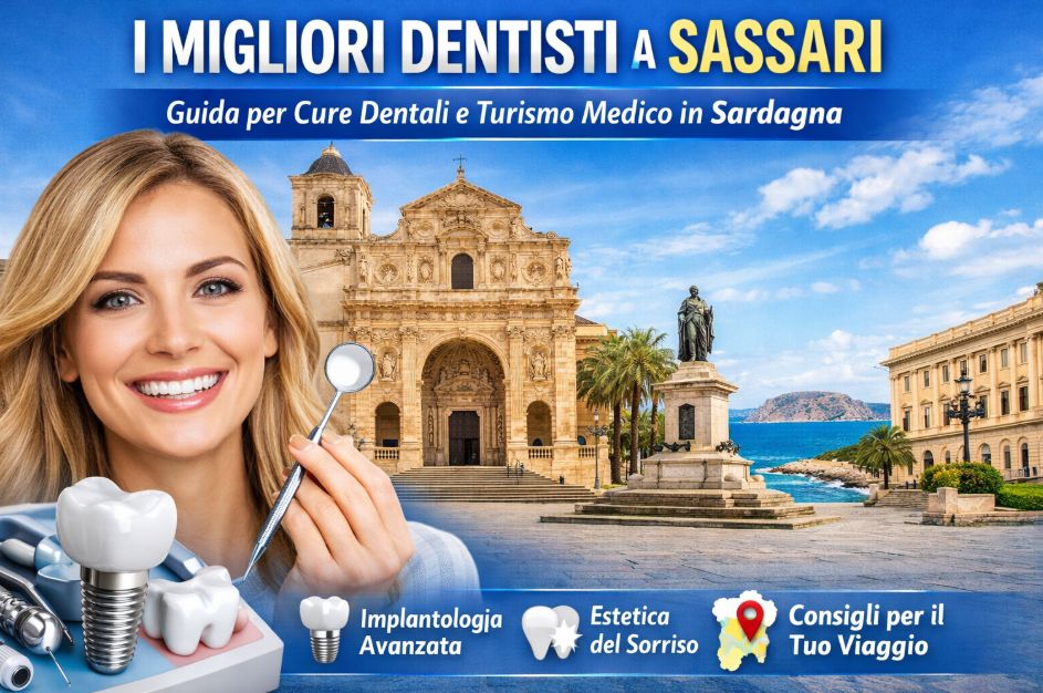 I migliori dentisti a Sassari Sardegna – donna sorridente con strumenti dentali e impianto, Cattedrale di San Nicola e Piazza d’Italia sullo sfondo per turismo medico odontoiatrico.