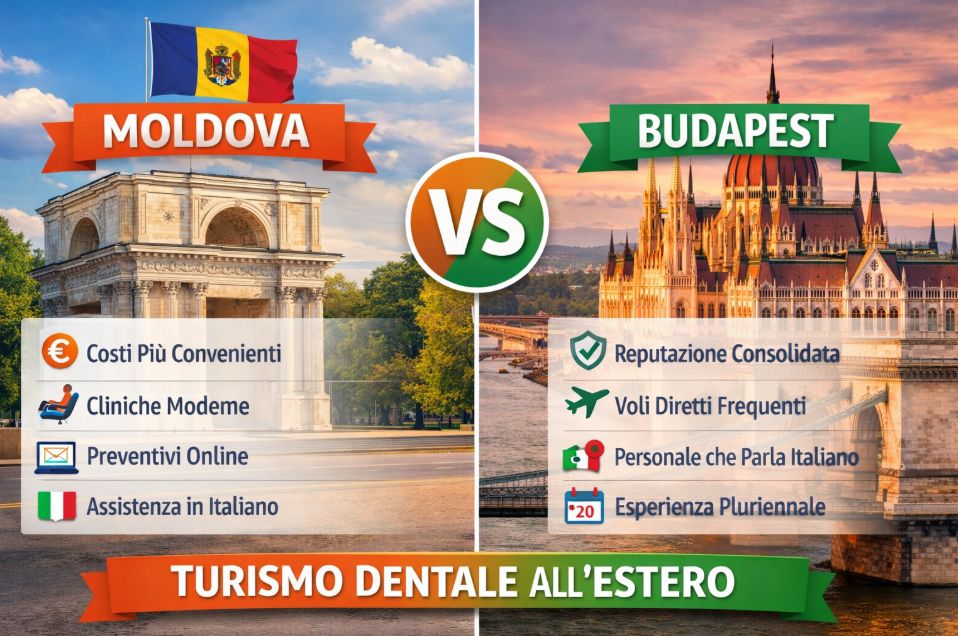 Confronto turismo dentale Moldova vs Budapest infografica in italiano con costi impianti dentali, qualità cliniche e vantaggi per pazienti italiani