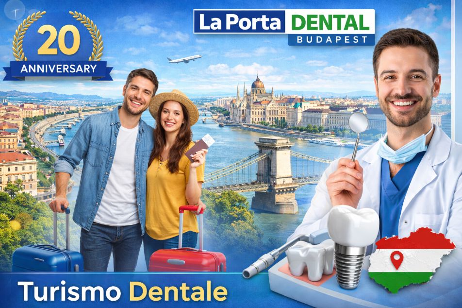 La Porta Dental Budapest 20 anni – turismo dentale in Ungheria con dentista professionista, skyline di Budapest e coppia di pazienti in viaggio per cure odontoiatriche.