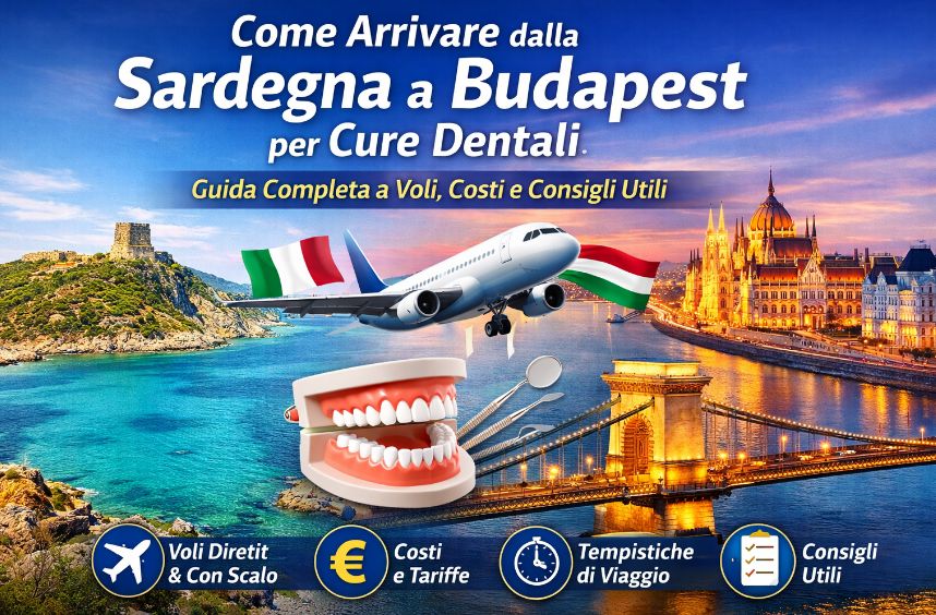 Guida viaggio Sardegna Budapest per cure dentali con volo aereo, bandiere Italia e Ungheria, Parlamento di Budapest, Ponte delle Catene e costa sarda