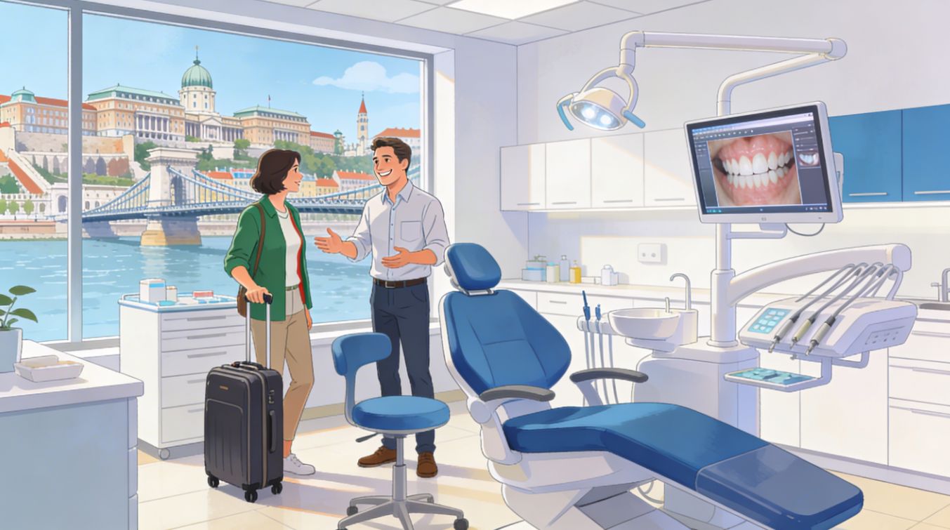 Studio odontoiatrico moderno per turismo dentale a Budapest con paziente italiana in arrivo dalla Sardegna per cure dentali di qualità.