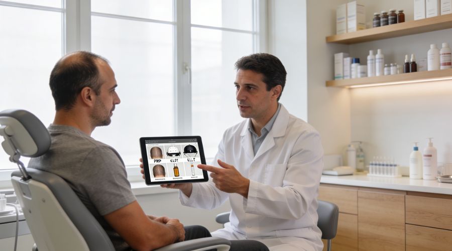 Uomo italiano di circa 35 anni con lieve diradamento frontale che parla con un medico in una clinica tricologica moderna sulle alternative non chirurgiche al trapianto di capelli