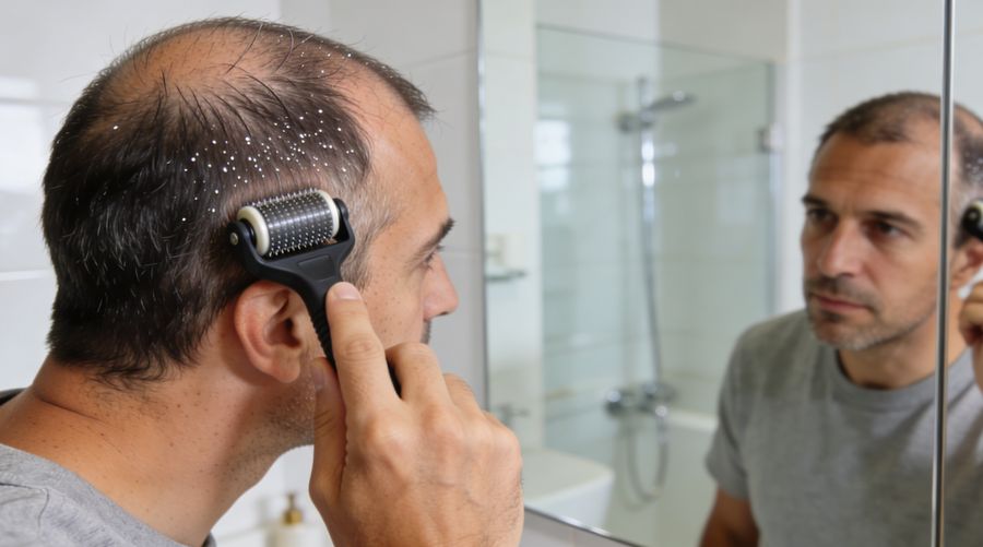 Uomo italiano di circa 35 anni con lieve diradamento sulla parte superiore della testa che usa un dermaroller sul cuoio capelluto davanti allo specchio nel bagno di casa moderno e luminoso