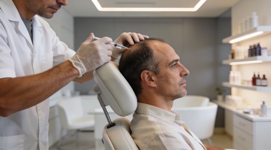 Uomo italiano di circa 40 anni con lieve diradamento sulla parte superiore del capo sottoposto a microiniezioni di mesoterapia per la caduta dei capelli in una clinica capillare moderna e rassicurante