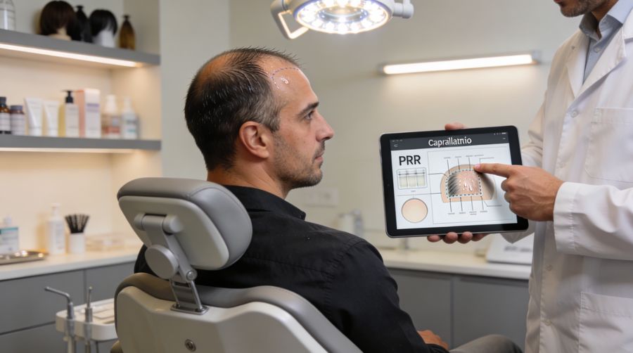 Uomo italiano di circa 35 anni con lieve diradamento su tempie e vertex che parla con un medico in camice bianco in una clinica capillare moderna, mentre insieme osservano su un tablet un piano combinato di PRP e trapianto di capelli