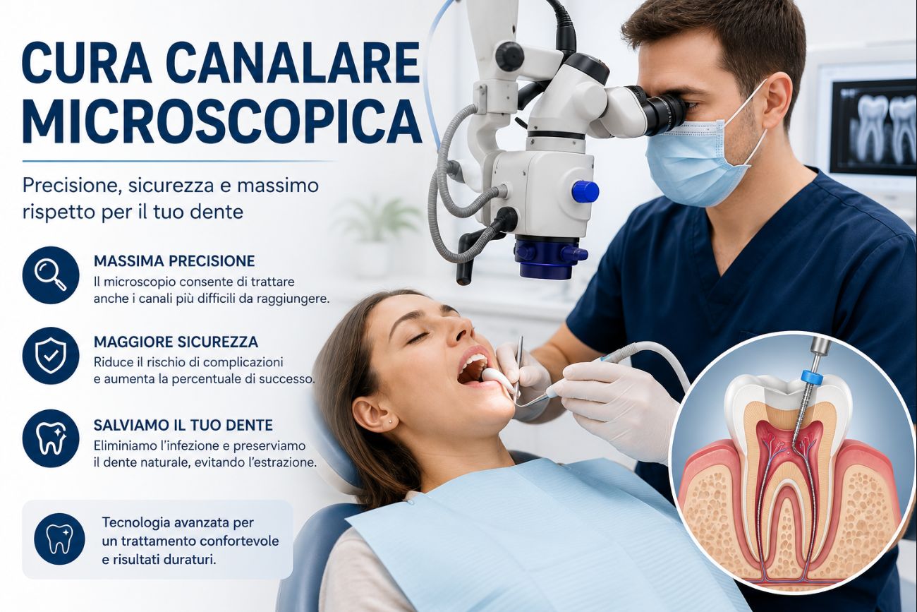 Dentista esegue una cura canalare microscopica con microscopio operatorio per trattare con precisione i canali radicolari e preservare il dente naturale.