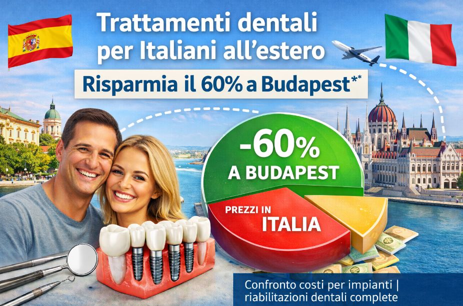 Turismo dentale per italiani a Budapest con risparmio fino al 60% su impianti dentali e riabilitazione completa rispetto ai prezzi in Italia.