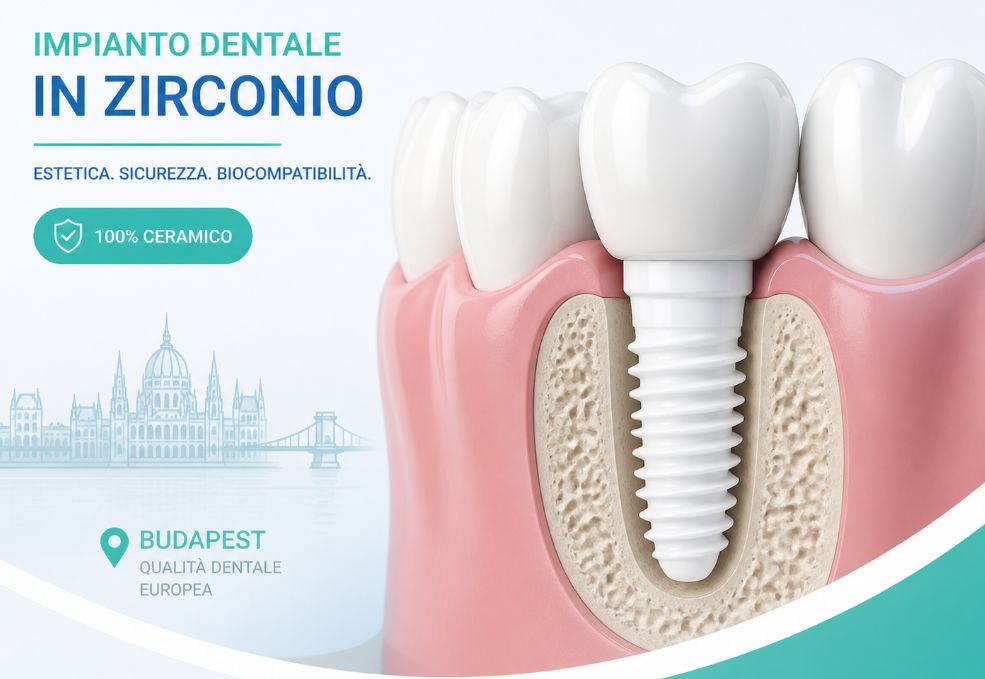 Impianto dentale in ceramica di zirconio a Budapest con corona estetica e gengiva sana 