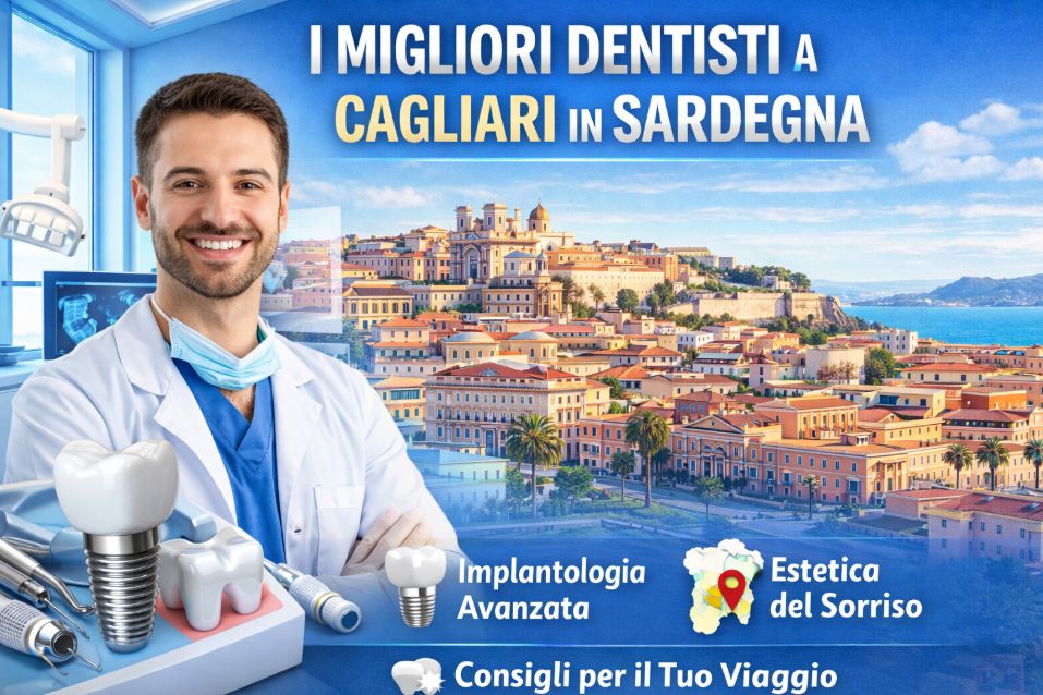 I migliori dentisti a Cagliari in Sardegna – dentista professionista in studio moderno con impianti dentali e skyline di Cagliari sullo sfondo, turismo dentale e implantologia avanzata.