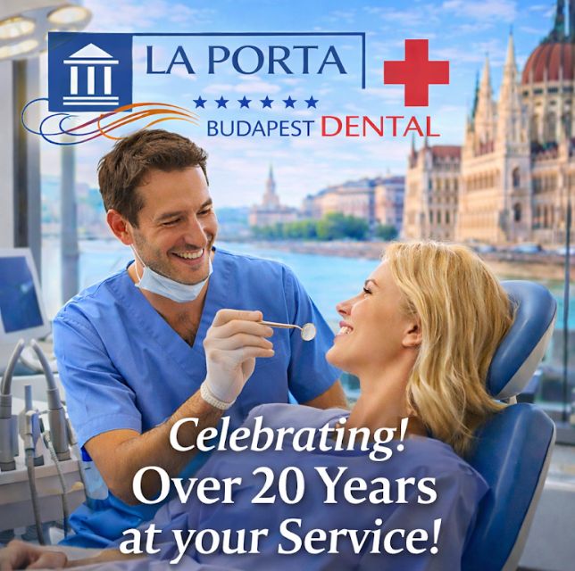 La Porta Dental Budapest 20 anni – turismo dentale in Ungheria con dentista professionista, skyline di Budapest e coppia di pazienti in viaggio per cure odontoiatriche.