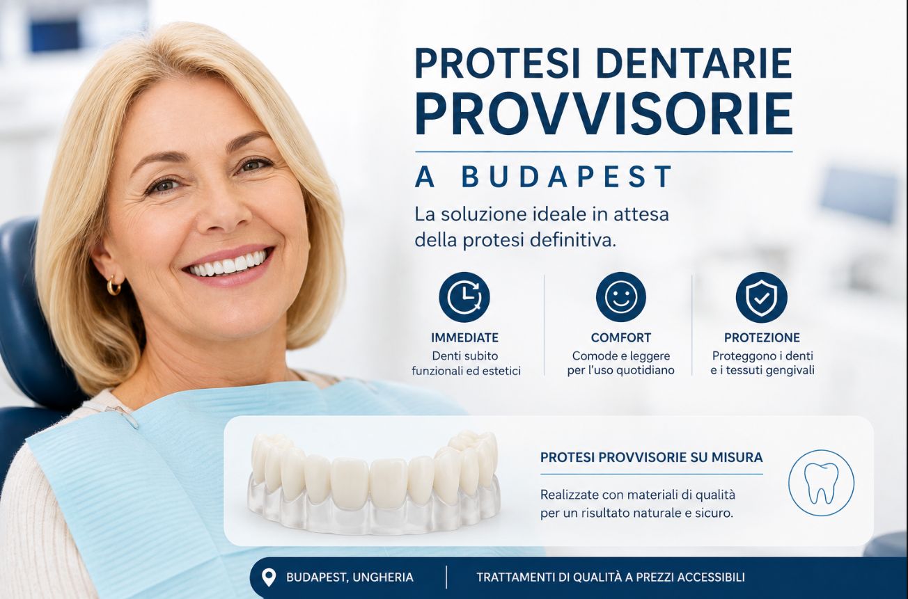 Paziente sorridente con protesi dentaria provvisoria realizzata a Budapest, soluzione temporanea estetica e funzionale in attesa della protesi definitiva.
