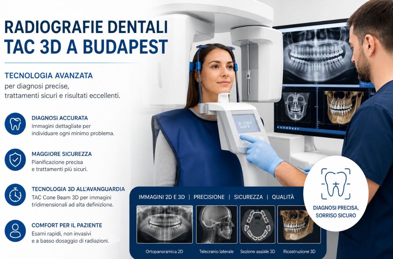 Paziente durante una TAC dentale Cone Beam 3D a Budapest con immagini radiografiche digitali visualizzate sul monitor per una diagnosi odontoiatrica precisa.