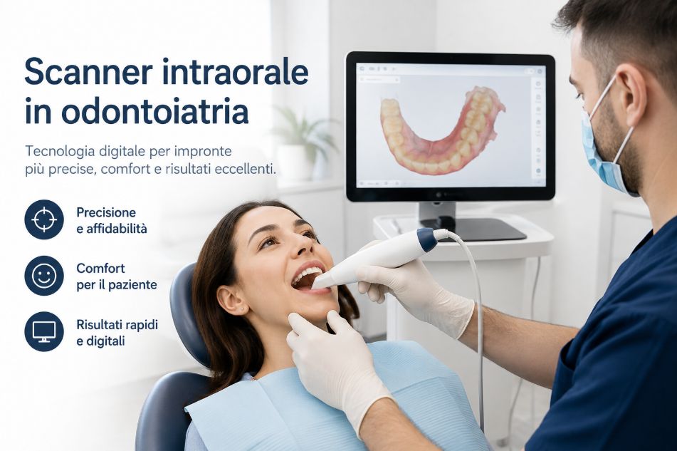 Dentista che utilizza uno scanner intraorale digitale su una paziente per acquisire un'impronta dentale 3D precisa e confortevole.