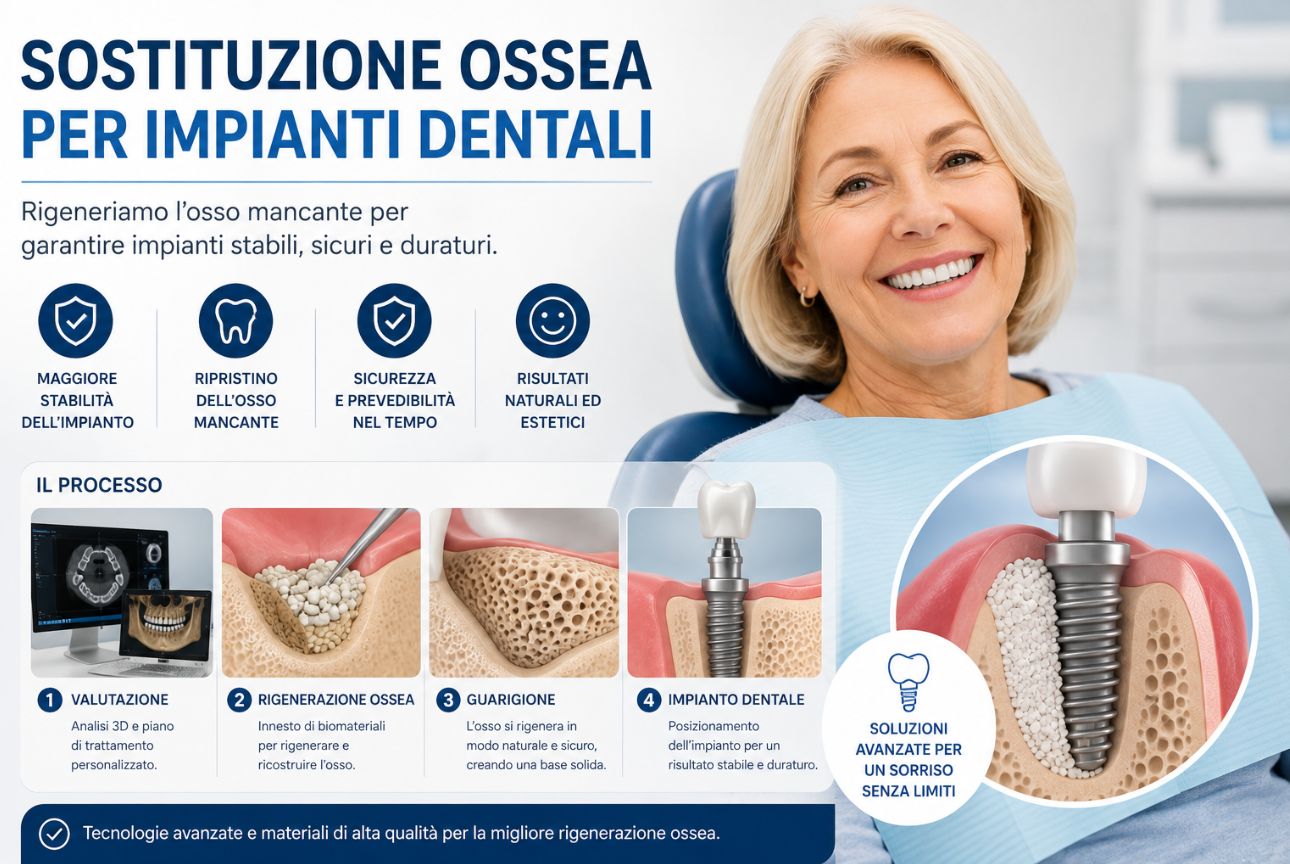 Rigenerazione ossea per impianti dentali con innesto osseo e successivo inserimento dell'impianto, illustrata insieme a una paziente sorridente dopo il trattamento.