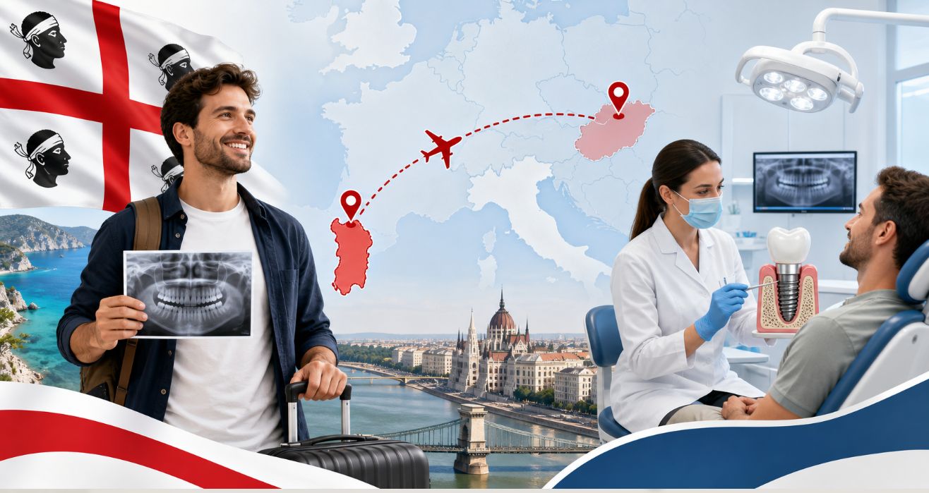 Turismo dentale dalla Sardegna a Budapest con paziente italiano in viaggio verso la clinica LaPortaDental per impianti dentali di qualità